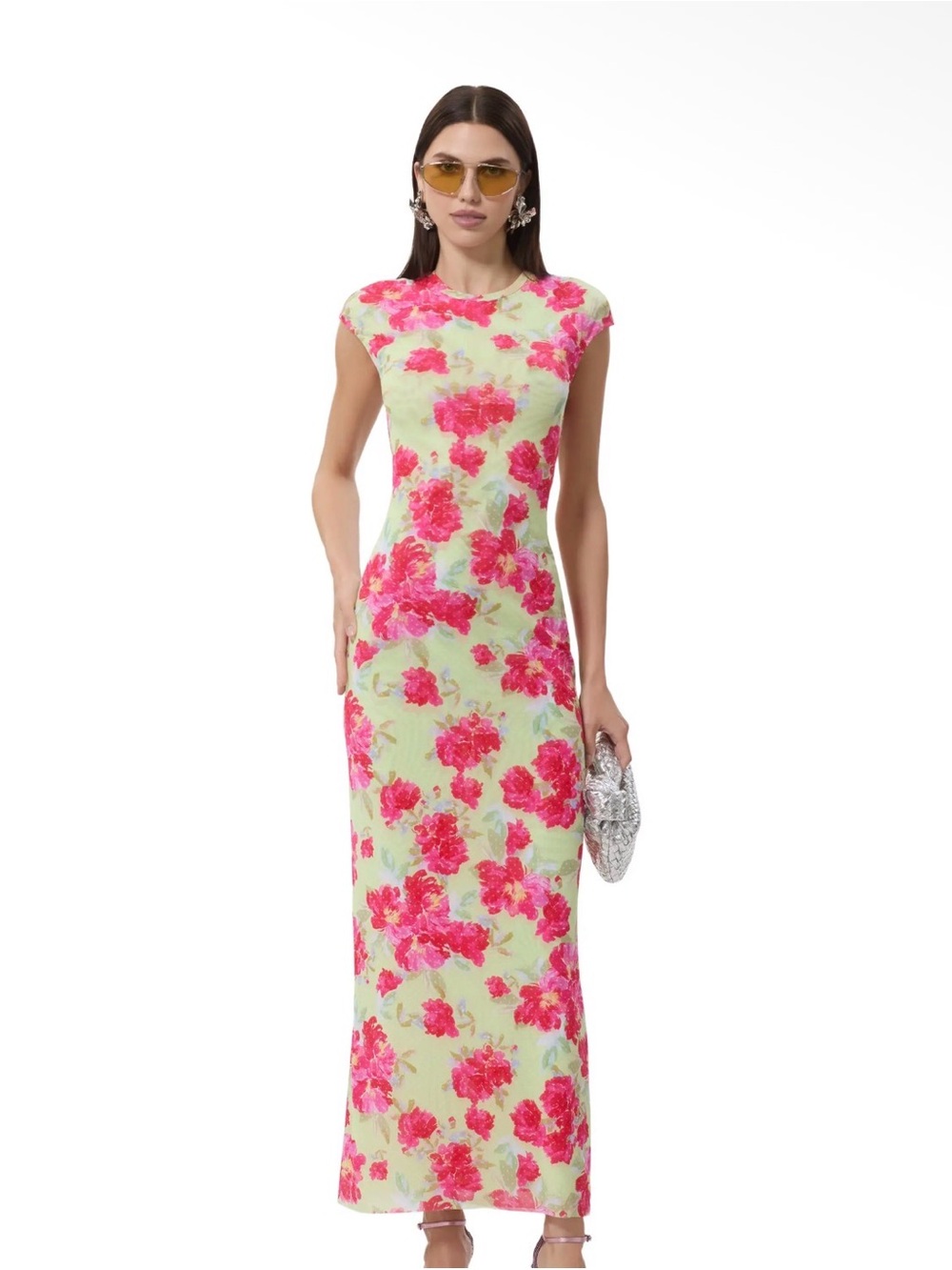 AFRM Mylo Lime Green & Hot Pink Floral Pattern Mesh Maxi Dress - MULTIPLE SIZES